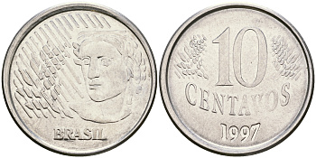Бразилия 10 сентаво 1997 голова свободы KM 633 нержавеющая сталь 87-444