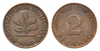 ФРГ 2 пфеннига 1960 G KM 106, J. 381 бронза 4682-1058
