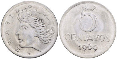 Бразилия 5 сентаво 1969  голова свободы влево KM 577.2, Schon 82a нержавеющая сталь 4529-353