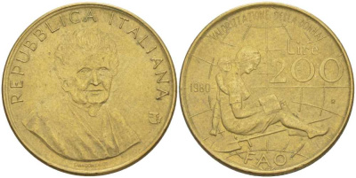 ИТАЛИЯ 200 ЛИР 1980 R, FAO KM 107 алюминиевая бронза 34-254