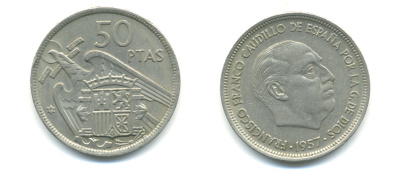 ИСПАНИЯ 50 ПЕСЕТ 1957 (59) ФРАНЦИСКО ФРАНКО KM 788 медно-никель 89-245