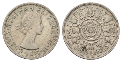 Великобритания 2 шиллинга (флорин) 1957 Елизавета II (1952-2022) KM 906, Spink 4146 медно-никель 4680-732