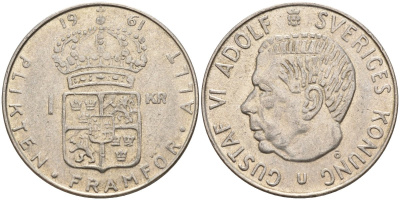 Швеция 1 крона 1961 TS, Густав VI Адольф (1950-1973) KM 826 серебро 4150-117