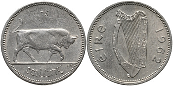 ИРЛАНДИЯ 1 ШИЛЛИНГ 1962 БЫК KM 14а медно-никель 89-534