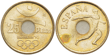 ИСПАНИЯ 25 ПЕСЕТ 1990 ОЛИМПИЙСКИЕ ИГРЫ В БАРСЕЛОНЕ 1992 ГОДА, ДИСКОБОЛ, ХУАН КАРЛОС I ( 1975-) KM 850 никель бронзаXF 216-454