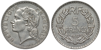 Франция 5 франков 1933 тип Lavrillier KM 888, Le Franc 336.2 никель 4123-243