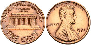 США 1 цент 1971 Линкольн KM 201 медь цинк    4115-321