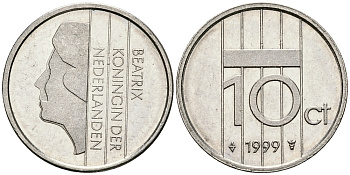 НИДЕРЛАНДЫ 10 ЦЕНТОВ 1999 БЕАТРИКС KM 203 никель 96-564