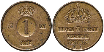 Швеция 1 эре 1961 U, Густав VI Адольф (1950-1973) KM 820 бронза 201-1151