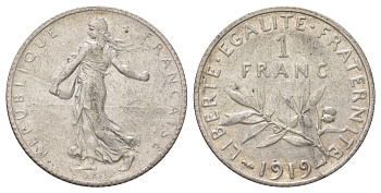 Франция 1 франк 1919 KM 844 серебро 4622-1123
