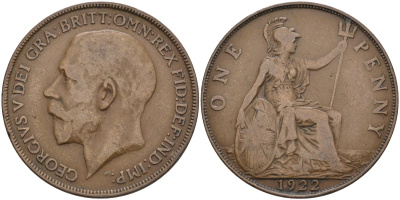 Великобритания 1 пенни 1922 Георг V (1910-1936) KM 810, Spink 4051 бронза 4117-1221