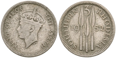 Британская Южная Родезия 3 пенса 1952 Георг VI (1936-1952) KM 20 медно-никель 4174-329