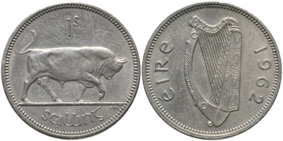ИРЛАНДИЯ 1 ШИЛЛИНГ 1962 БЫК KM 14а медно-никель 89-534