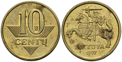ЛИТВА 10 ЦЕНТОВ 1997 ПОГОНЯ KM 106 латунь 3955-1149