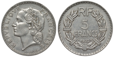 Франция 5 франков 1933 тип Lavrillier KM 888, Le Franc 336.2 никель 4123-243