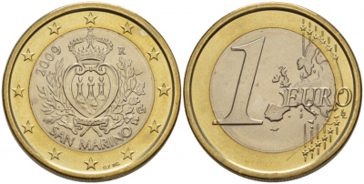 Сан-Марино 1 евро 2009 R, в капсуле KM 485 биметалл UNC 1094-6-25