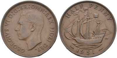 Великобритания 1/2 пенни 1951 Георг VI (1936-1952) KM 868, Spink 4118 бронза 4126-752