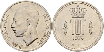 Люксембург 10 франков 1974 Великий герцог Жан (1964-2000) KM 57 никель 4157-422