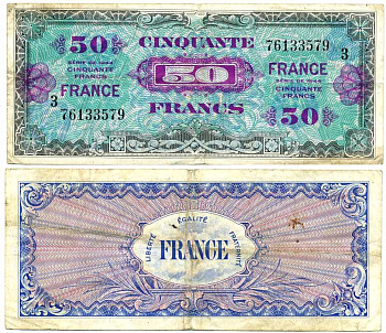 ФРАНЦИЯ 50 ФРАНКОВ 1944 БЛОК 3, ВТОРОЙ ВЫПУСК ПЕРЕХОДНОЕ ПРАВИТЕЛЬСТВО Pick 122c бумага 7484-78-2