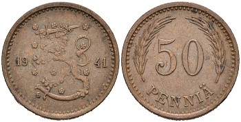 ФИНЛЯНДИЯ 50 ПЕННИ 1941 S KM 26a медь 192-1122