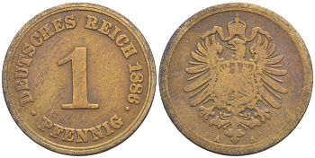 ГЕРМАНИЯ 1 ПФЕННИГ 1886 А, СТАРОГЕРБОВКА KM 1, Jager. 1, Weege 1 медь 4528-1064