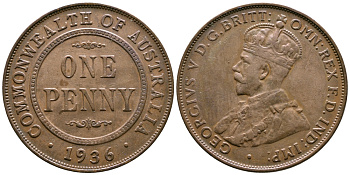 АВСТРАЛИЯ 1 ПЕННИ 1936 ГЕОРГ V (1910-1936) KM 23 бронза 84-1312