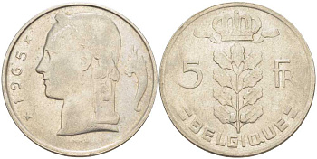 БЕЛЬГИЯ 5 ФРАНКОВ 1965 BELGIQUE, БОДУЭН I (1951-1993) KM 134.1 медно-никель 202-1241