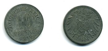 ГЕРМАНИЯ 10 ПФЕННИГОВ 1919 KM 26, J. 299 цинк 54-513