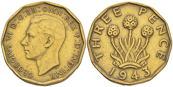 Великобритания 3 пенса 1943 Георг VI (1936-1952) KM 849, Spink 4112 никель латунь 4556-1053