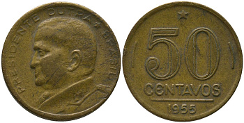 Бразилия 50 сентаво 1955 Эурику Дутра KM 563, Schon 68 алюминиевая бронза 4577-643