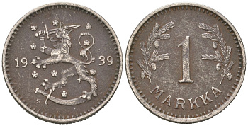Финляндия 1 марка 1939 S KM 30 медно-никель 218-1143
