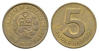 Перу 5 солей 1980 Тупак Амару II KM 271 латунь 4664-451