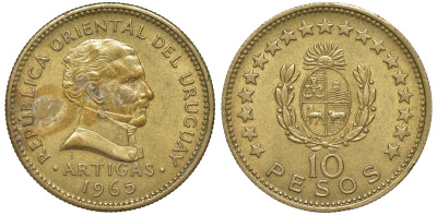 Уругвай 10 песо 1965 KM 48 алюминиевая бронза 81-122