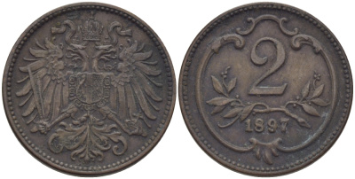 АВСТРИЯ 2 ГЕЛЛЕРА 1897 ФРАНЦ ИОСИФ (1846-1918) KM 2801 бронза 100-138