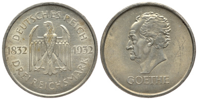 Германия 3 марки 1932 A, 100 лет со дня смерти Иоганна Вольфганга фон Гёте J. 350, KM 76 серебро 00-812-08