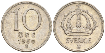 Швеция 10 эре 1950 TS, Густав V (1907-1950) KM 813 серебро 4147-859