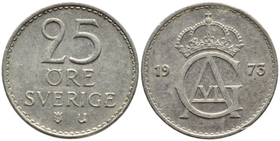 Швеция 25 эре 1973 U, Густав VI Адольф (1950-1973) KM 836 медно-никель 4396-524