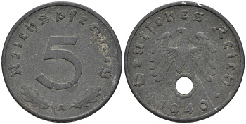 Германия 5 рейхспфеннигов 1940 А, монетный двор Берлин KM 100, J. 370 цинк 186-636