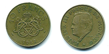 Монако 10 франков 1982 Ренье III (1949-2005) KM 154 медь никель алюминий 71-1616