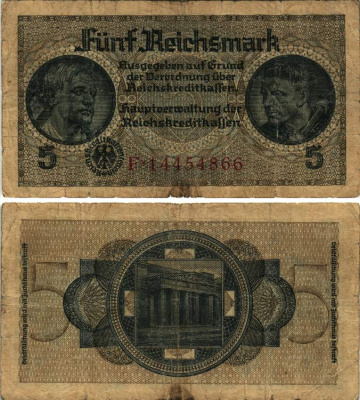 ГЕРМАНИЯ 5 РЕЙХСМАРОК 1940-1945 8 ЦИФР В НОМЕРЕ СЕРИИ, СЕРИЯ F, ДЛЯ ОККУПИРОВАНЫХ ТЕРРИТОРИЙ, ВТОРАЯ МИРОВАЯ ВОЙНА Pick R138b, Розенберг 553b бумага 8615-71-2-2