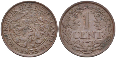 Нидерланды 1 цент 1939 Вильгельмина I (1890-1948) KM 152 бронза 76-335