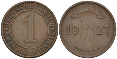 Германия 1 рейхспфенниг 1927 E KM 37, J. 313 бронза 4124-1238