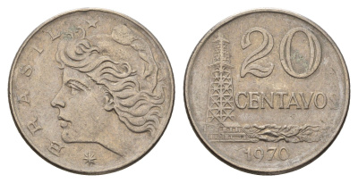 Бразилия 20 сентаво 1970 голова Свободы влево KM 579.2 медно-никель 3336-256