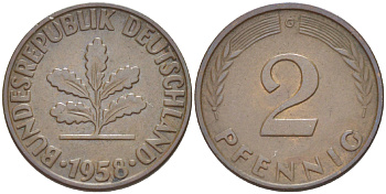ФРГ 2 ПФЕННИГА 1958 G KM 106, J. 381 бронза 4181-718