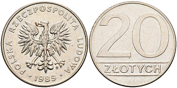 Польша 20 злотых 1989 MW, Народная Республика KM 153.2, Parchimowicz 255a медно-никель 4575-813