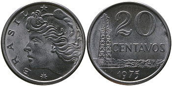 Бразилия 20 сентаво 1975 голова свободы влево KM 579.1a, Schon 84b нержавеющая сталь 4577-636