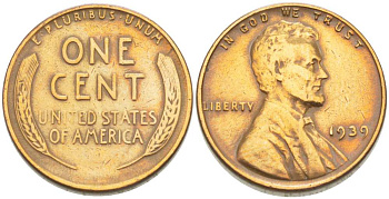 США 1 ЦЕНТ 1939 ЛИНКОЛЬН KM 132 бронза 218-362