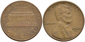 США 1 ЦЕНТ 1964 D, ЛИНКОЛЬН KM 201 медь цинк 3851-1038