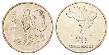 Бразилия 20 крузейро 1972 150 лет Декларации о Независимости KM 583 серебро UNC 413-3745