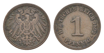 Германия 1 пфенниг 1892 A, Вильгельм II (1888-1918) KM 10, J. 10 медь 4639-1068